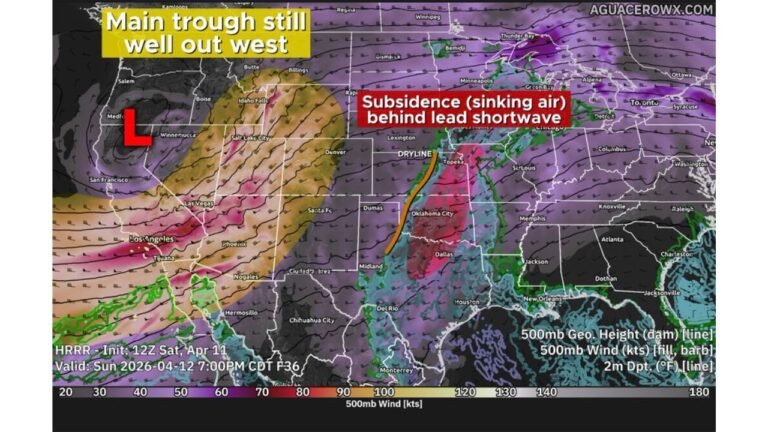 Conditional Severe Weather Threat Targets Texas Oklahoma And Kansas Sunday As Main Trough Remains Out West With Large Hail Damaging Winds And Isolated Tornadoes Possible Along Dryline Late Afternoon