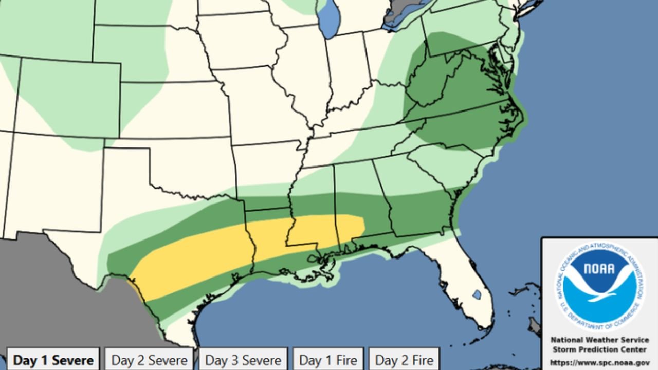 Deep South, Gulf States and Mid-Atlantic Face Severe Storm Threat Today With Storm Cluster Likely From Texas Through the Gulf Coast
