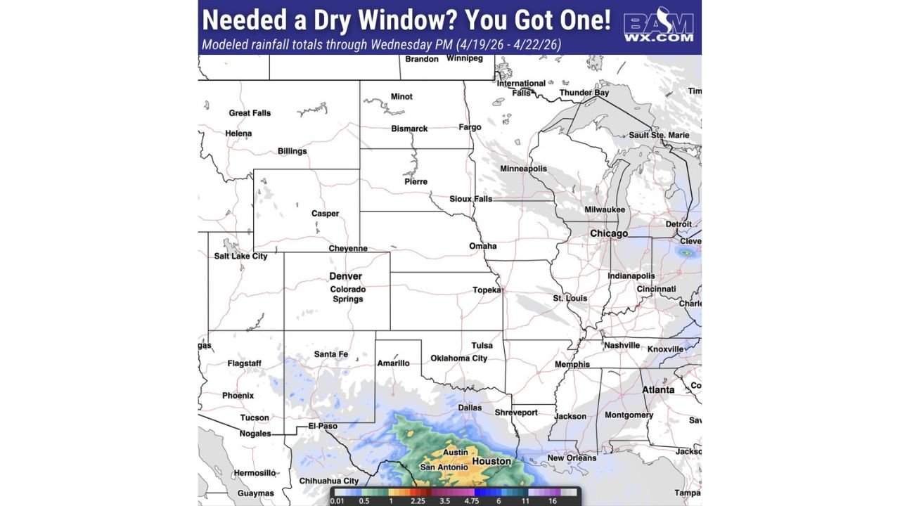 Dry Conditions Lock In Across the Central US Through Wednesday With Heavy Rain Soaking Texas Gulf Coast