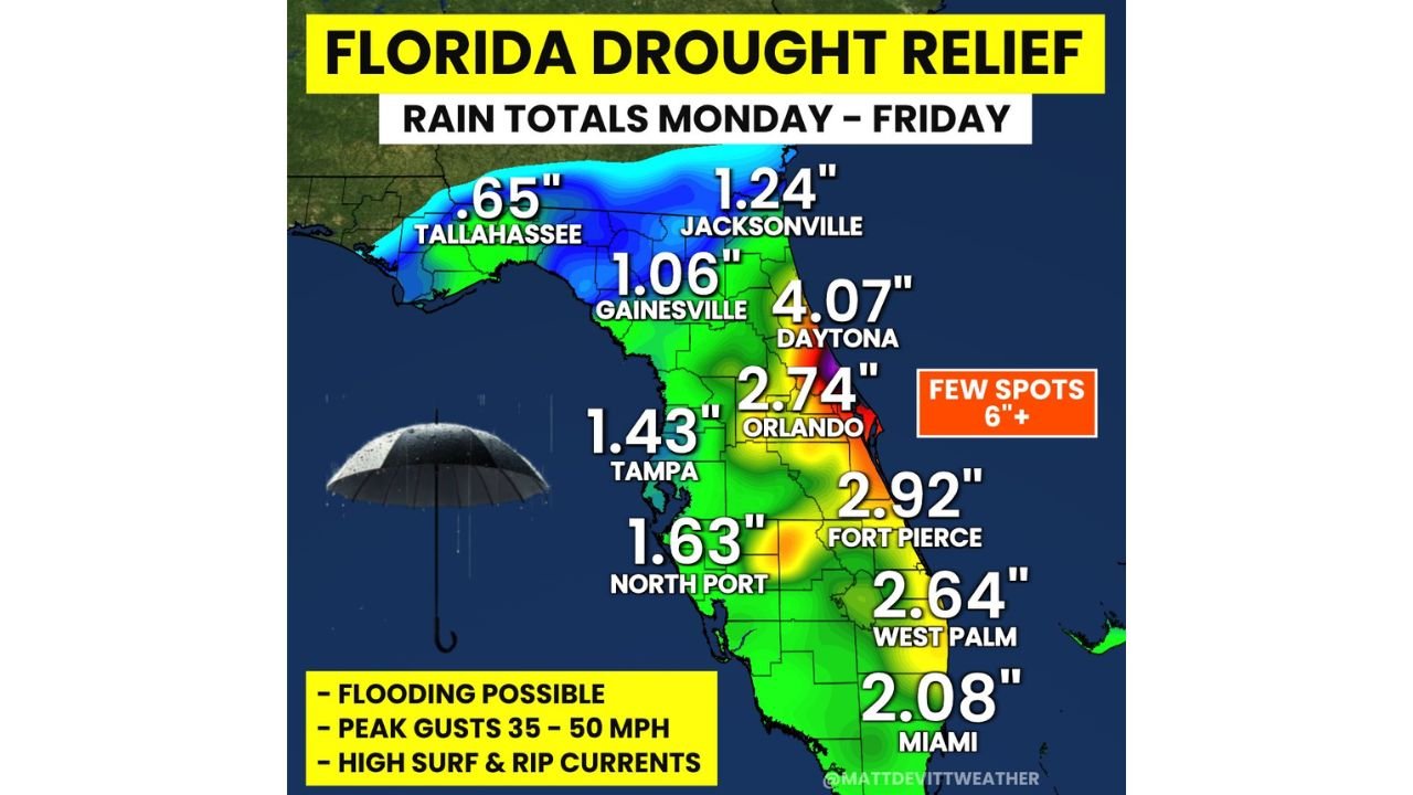 Florida Sees Drought Relief Potential as Heavy Rain Targets Orlando, Daytona and East Coast With Flood Risk