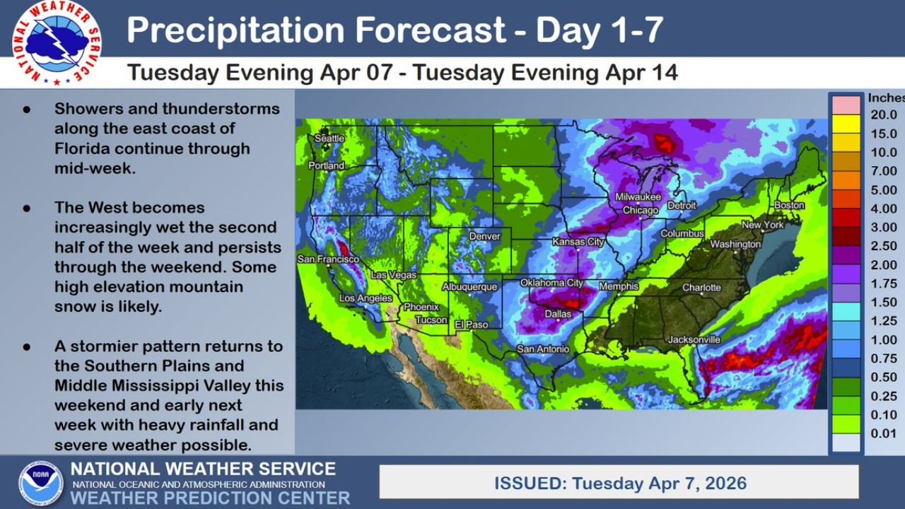 Florida, Southern Plains, Mississippi Valley and the West Face Active 7-Day Weather Pattern With Heavy Rain, Mountain Snow, Severe Storms and Flooding Risk From April 7 Through April 14