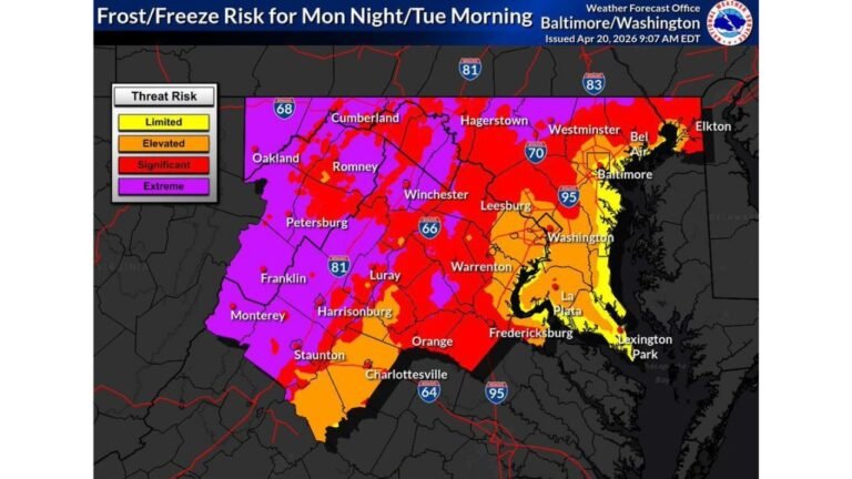Freeze Warning Grips the Washington DC and Baltimore Region Tonight With Lows Crashing to 27 Degrees by Tuesday Morning