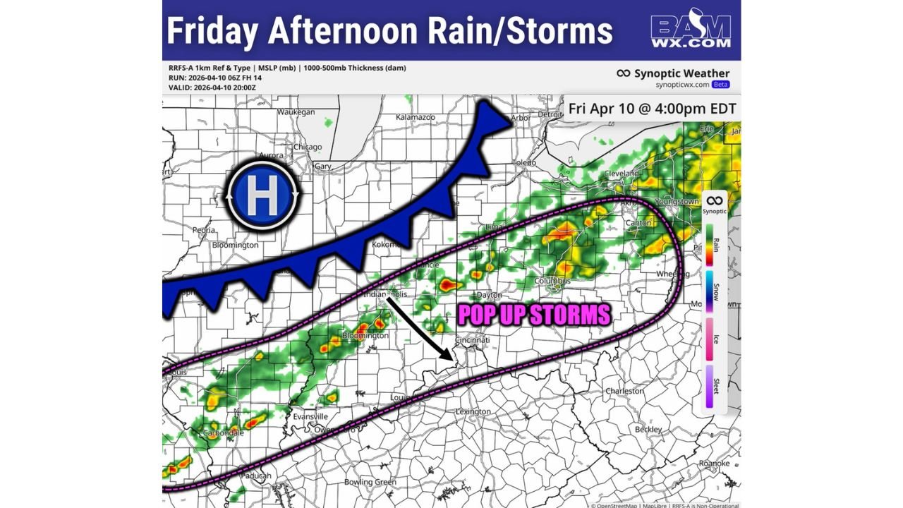 Friday Pop Up Storms Expected From Indiana Through Ohio Into Pennsylvania With Brief Downpours and Lightning Risk