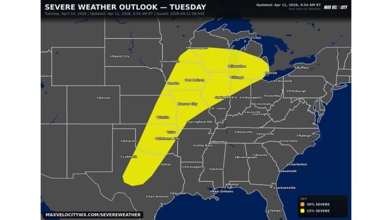 Growing Severe Weather Risk Tuesday April 14 Targets Plains And Midwest From Oklahoma And Kansas Through Missouri Illinois Iowa And Wisconsin With Damaging Winds Large Hail And Tornadoes Possible