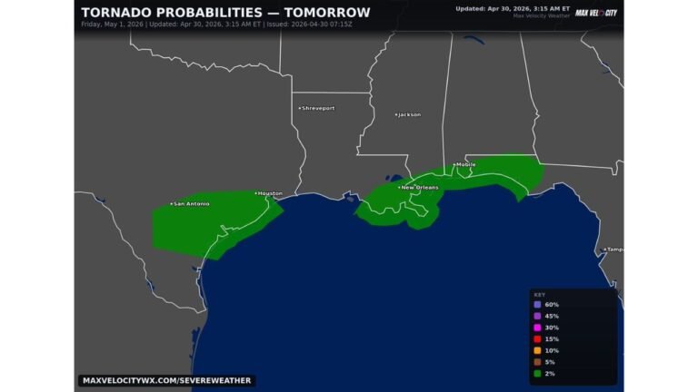 Gulf Coast From San Antonio to Mobile Faces Tornado Threat Friday as Storm System Targets the Coastline