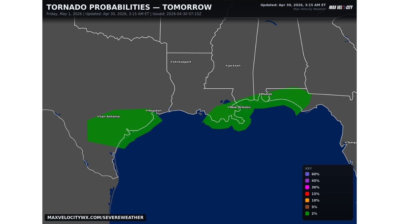 Gulf Coast From San Antonio to Mobile Faces Tornado Threat Friday as Storm System Targets the Coastline
