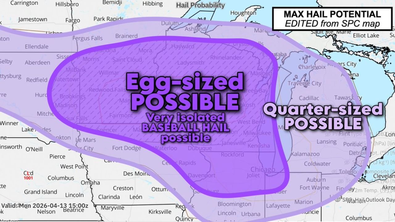 Hen Egg to Baseball: The Strongest Storms Today Pack a Devastating Hail Threat Across Minnesota, Wisconsin, and Northern Illinois as the Significant Hail Zone Gets Manually Expanded to Capture the Full Danger