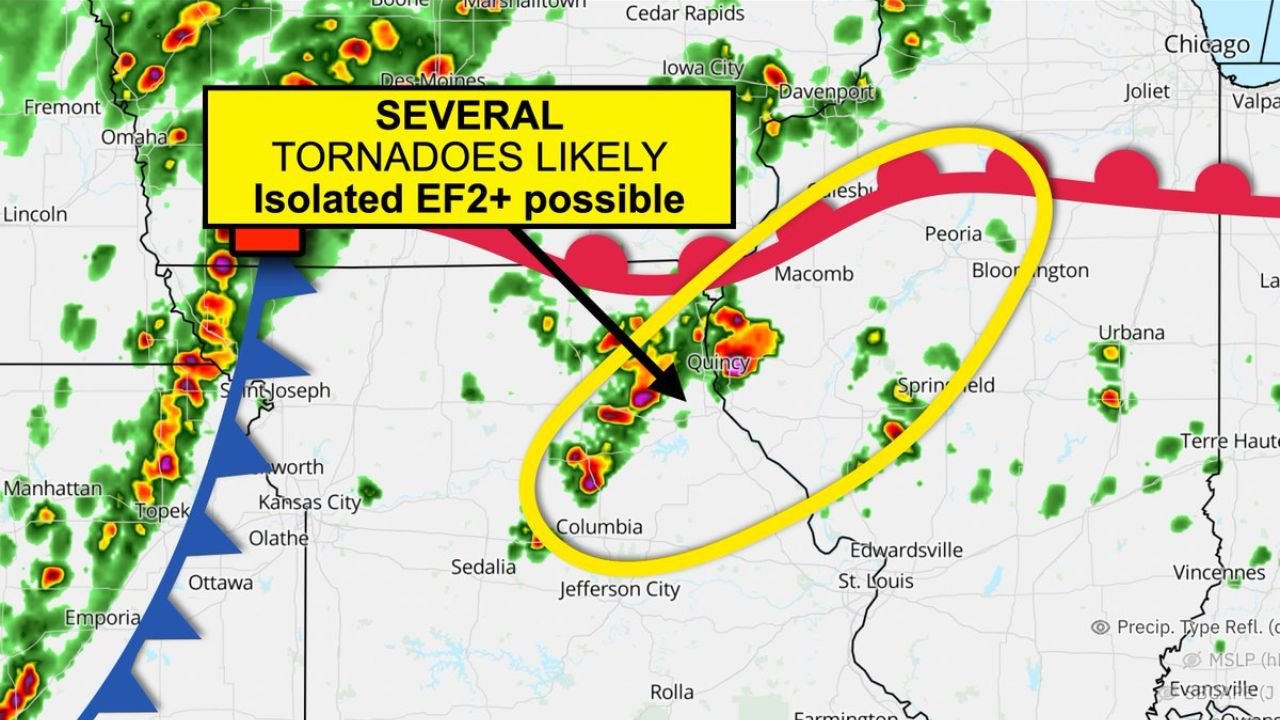 Illinois Cities Quincy, Peoria, Macomb and Bloomington Face Increasing Tornado Risk This Evening With Potential for Isolated EF2+ Storms