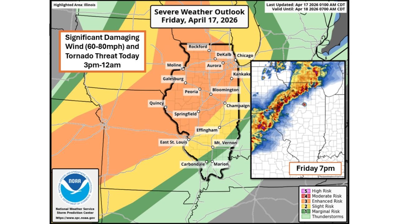 Illinois Faces 60 to 80 MPH Damaging Winds and Tornado Threat Friday From 3 PM Through Midnight