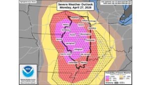 Illinois Faces Its Highest Severe Weather Threat of the Season on Monday April 27 With EF3 Tornadoes and 60 Percent Probability of Severe Storms