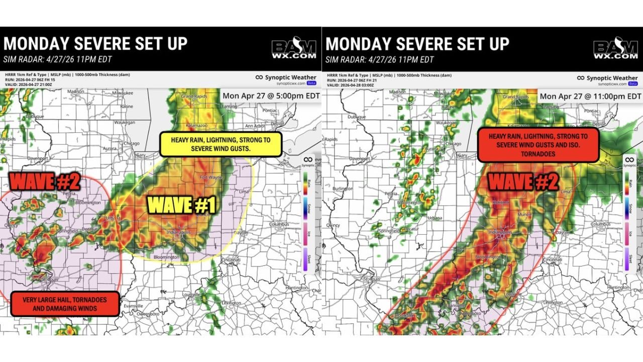 Illinois, Indiana and Missouri Face Two Dangerous Storm Waves Monday With Tornadoes, Very Large Hail and Damaging Winds Through Overnight