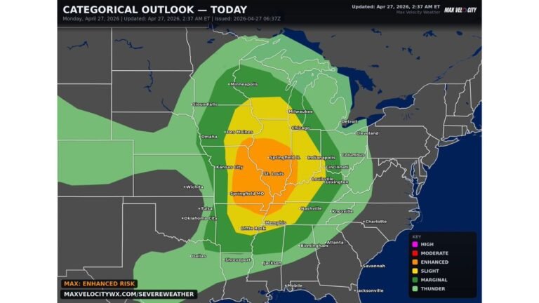 Illinois, Missouri, Arkansas and Indiana Face Severe Weather Outbreak Today With Several Strong Tornadoes, Very Large Hail and Damaging Winds Likely