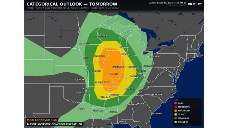 Illinois, Missouri, Indiana and Tennessee Face One of the Most Significant Severe Weather Outbreaks of 2026 on Monday April 27