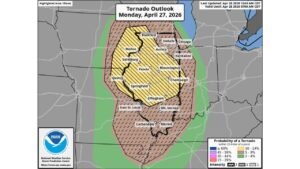 Illinois and Indiana Brace for Widespread Significant Severe Weather Monday April 27 With Strong Tornadoes, Large Hail and Damaging Winds