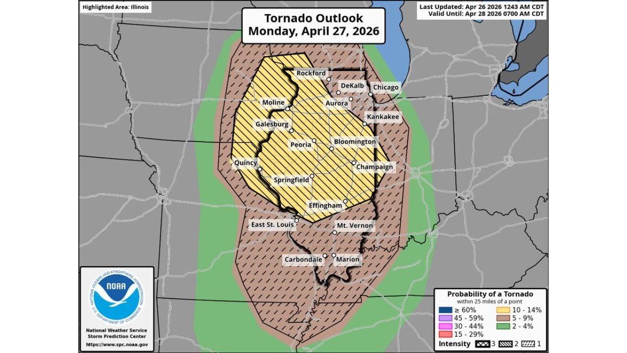 Illinois and Indiana Brace for Widespread Significant Severe Weather Monday April 27 With Strong Tornadoes, Large Hail and Damaging Winds