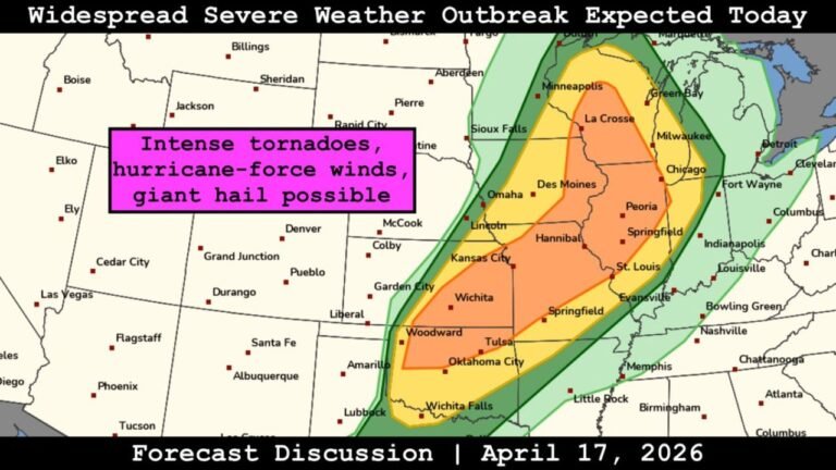 Intense Tornadoes, Hurricane Force Winds and Giant Hail Threaten the Great Lakes to Southern Plains in a Widespread Outbreak Today
