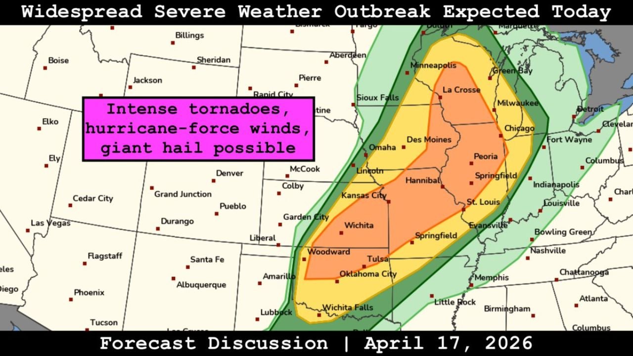 Intense Tornadoes, Hurricane Force Winds and Giant Hail Threaten the Great Lakes to Southern Plains in a Widespread Outbreak Today