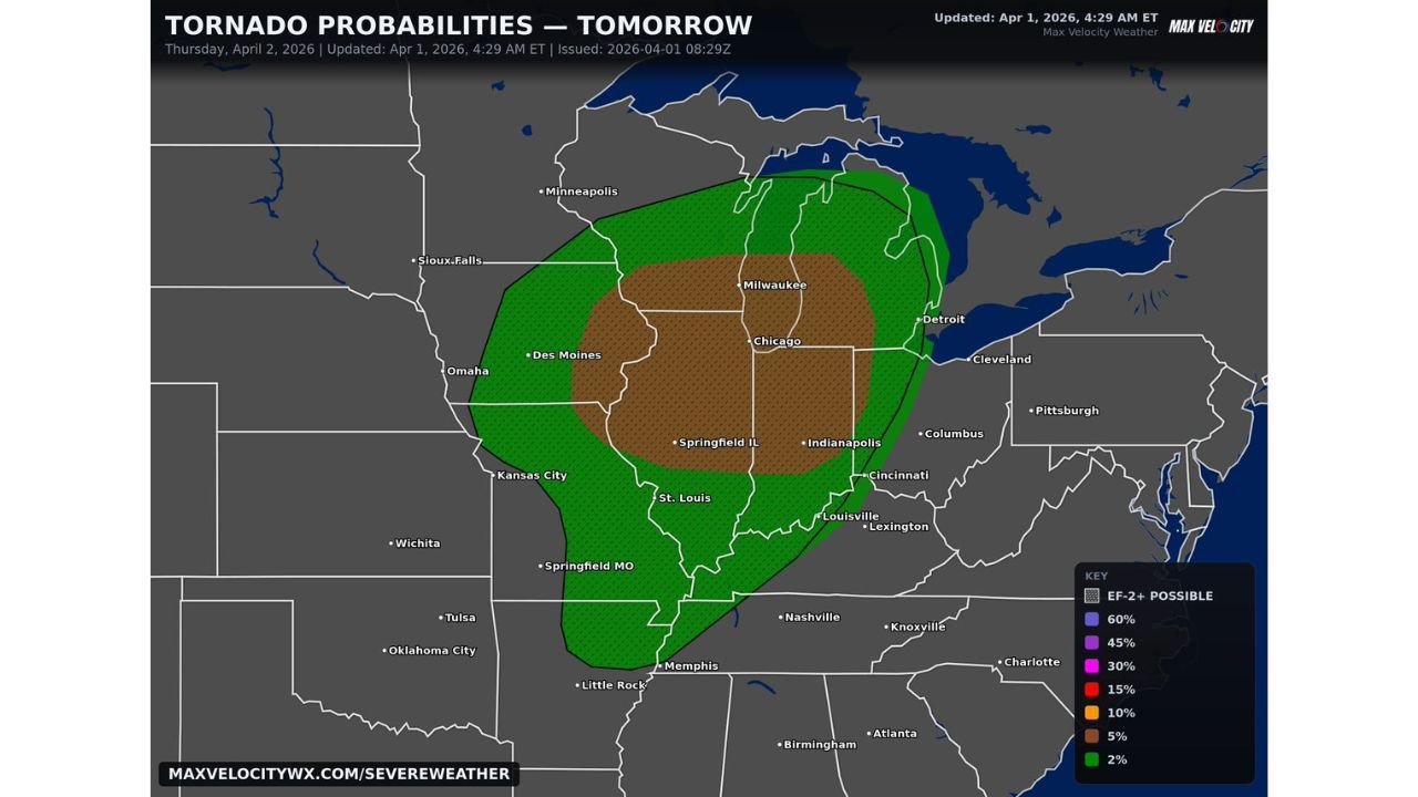 Iowa, Illinois, Wisconsin, Indiana, and Missouri Face Elevated Tornado Threat Thursday April 2 With EF2 or Stronger Tornadoes Possible Across Chicago, Milwaukee, Des Moines, Indianapolis, and St. Louis if Morning Convection Clears in Time