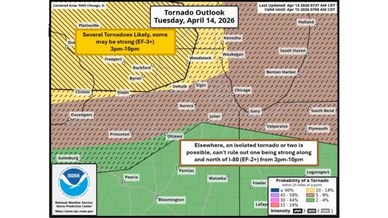 It Could Be a Dangerous Day: NWS Chicago Issues 8 AM Tornado Outlook Warning of Several Tornadoes Likely — Some EF-3 or Stronger — Across Far Northern Illinois and Southern Wisconsin From 3 PM to 10 PM