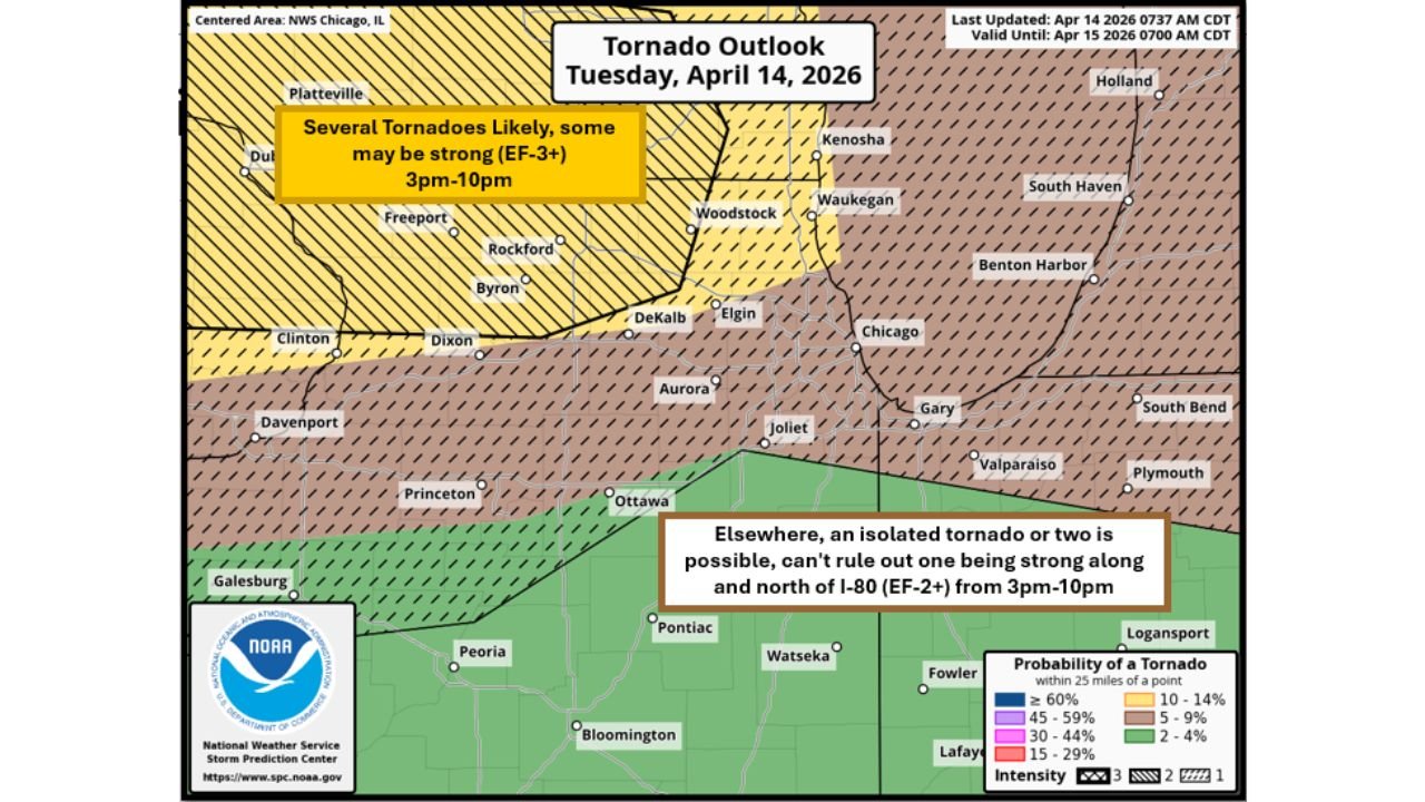 It Could Be a Dangerous Day: NWS Chicago Issues 8 AM Tornado Outlook Warning of Several Tornadoes Likely — Some EF-3 or Stronger — Across Far Northern Illinois and Southern Wisconsin From 3 PM to 10 PM