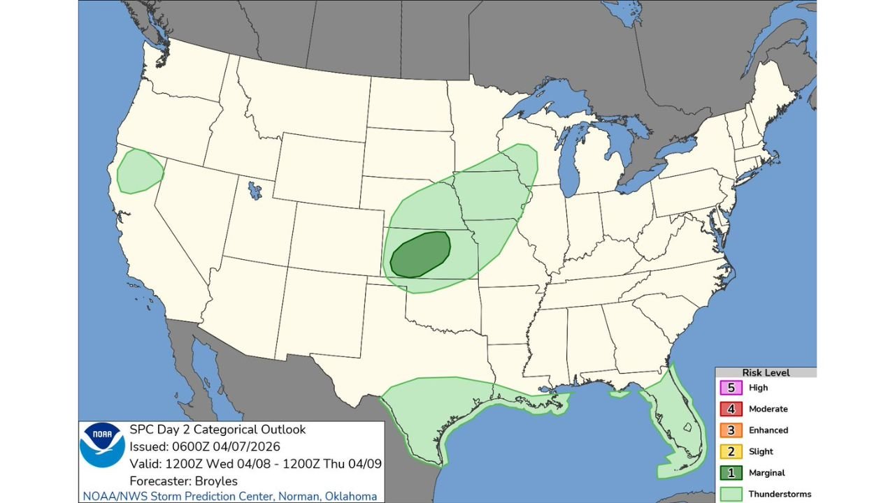 Kansas, Nebraska, Iowa and Missouri Under Marginal Severe Storm Risk as SPC Flags Central Plains for Wednesday