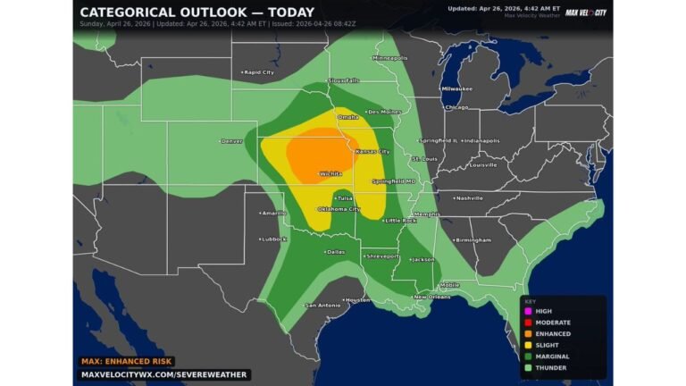 Kansas, Oklahoma and Missouri Face Dangerous Severe Weather Day With Very Large Hail, Damaging Winds and Strong Tornadoes Today April 26