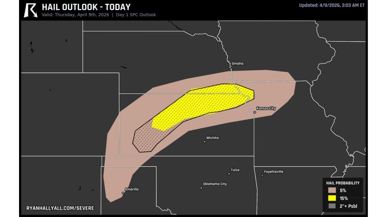 Kansas and Nebraska Targeted for Destructive Hail Event Today With Supercells Capable of Producing 2+ Inch Stones Along Warm Front