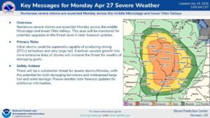 Key Messages for Monday as EF2 Tornadoes Target Illinois and Missouri While Northern Alabama Watches for Late Night Arrival