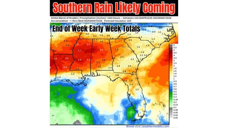 Louisiana, Mississippi, Alabama and the South Face Widespread Rainfall Through Early Next Week With Up to 3 to 4 Inches Possible