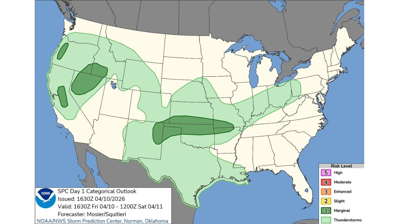 Marginal Severe Storm Risk Spreads Across Plains, Ozarks, Great Basin and Pacific Northwest Bringing Isolated Storm Threat Friday