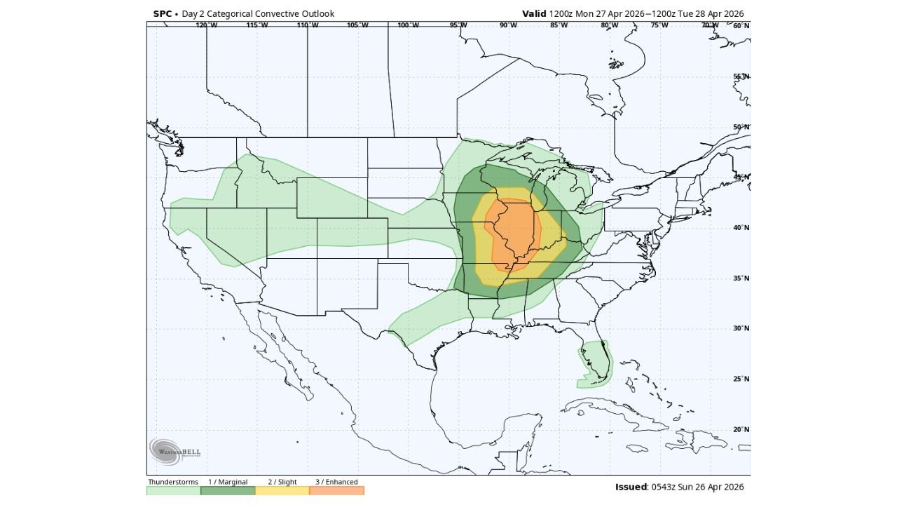 Maryland Stays Dry From Severe Weather as Monday Outbreak Targets Midwest While Beneficial Rain Arrives Tuesday and Wednesday