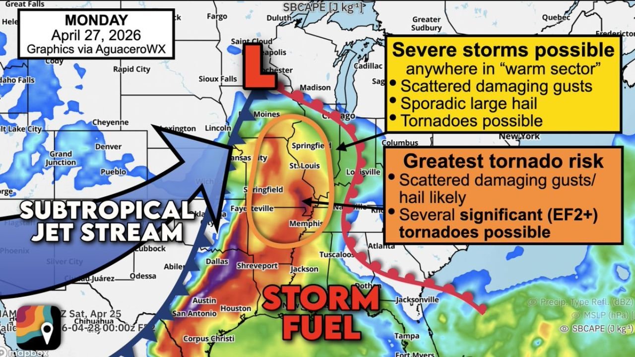 Memphis, St. Louis and Western Kentucky Face Several EF2 Tornadoes Monday as the Mississippi Valley Warm Sector Covers Six States Simultaneously