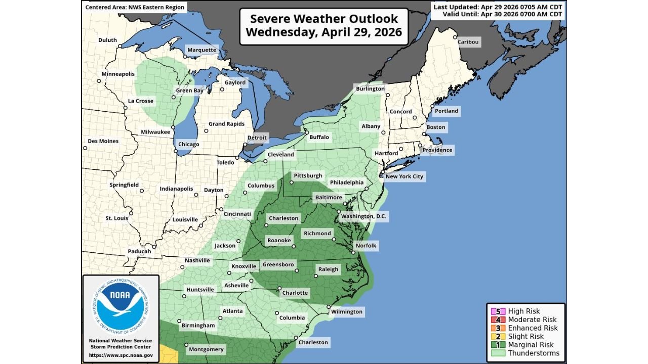 Mid-Atlantic, Carolinas, and Southeast Face Evening Storm Threat This Wednesday With Isolated Tornado Possible Between 5 and 11 PM