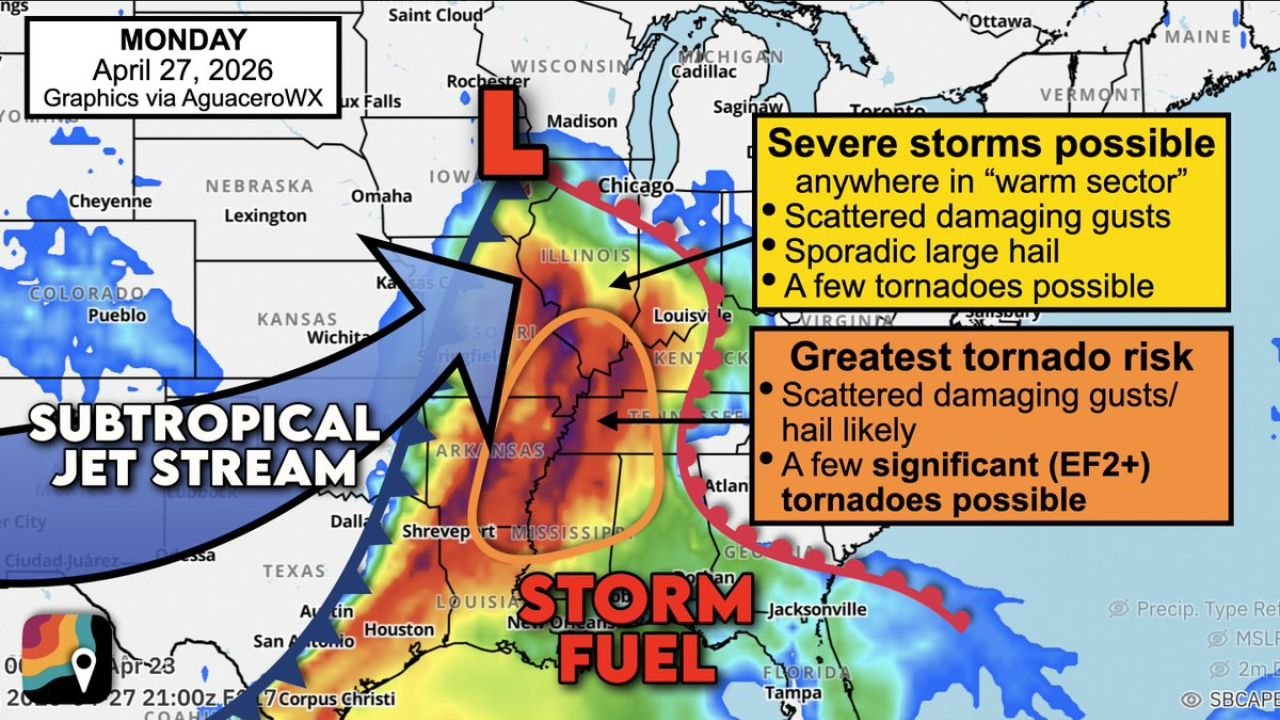 Mississippi, Alabama, Arkansas and Surrounding States Face Significant EF2-Plus Tornado Threat on Monday April 27
