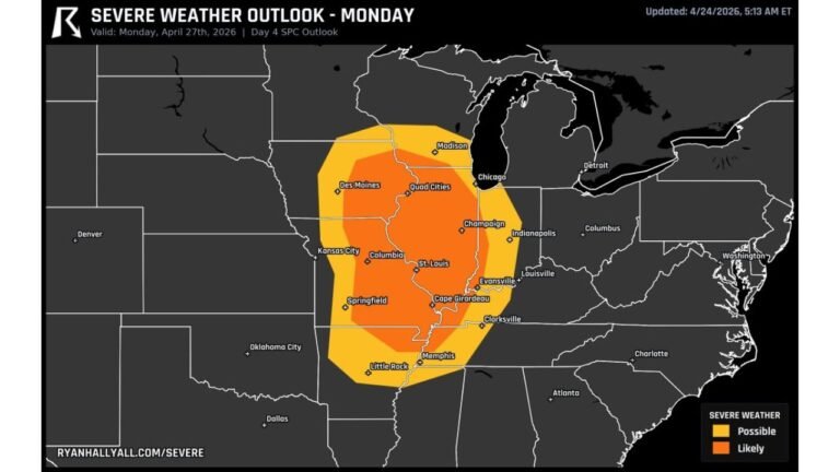 Missouri, Illinois, Arkansas and Tennessee Face Strong Tornadoes and Widespread Damaging Winds on Monday April 27