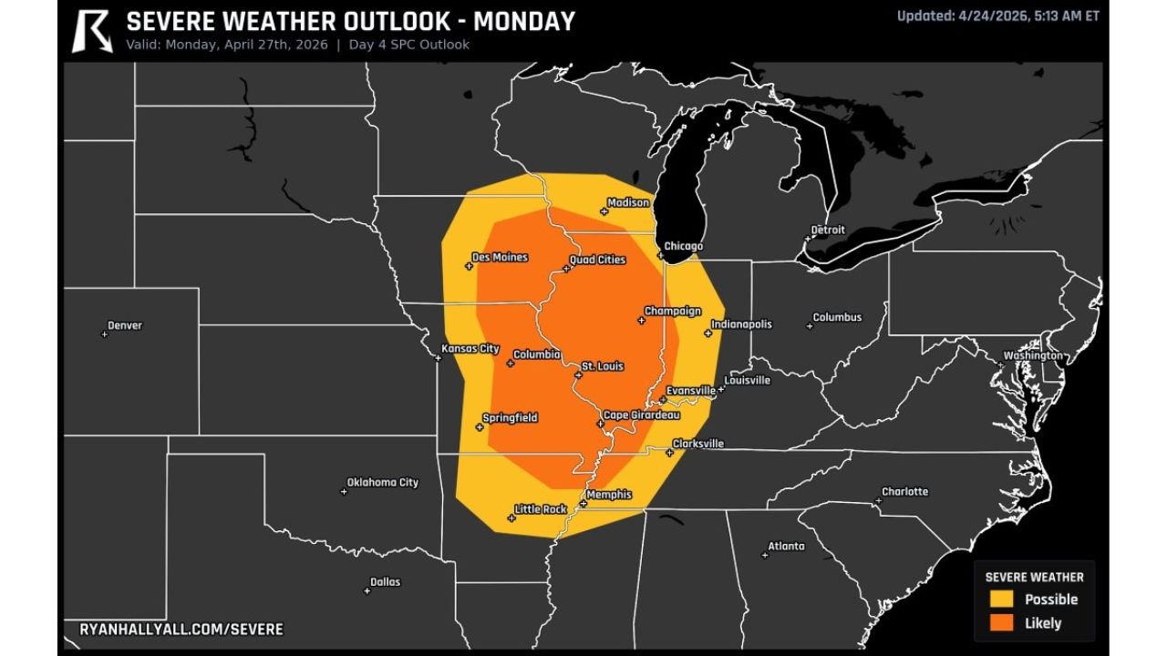 Missouri, Illinois, Arkansas and Tennessee Face Strong Tornadoes and Widespread Damaging Winds on Monday April 27