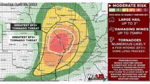 Missouri and Illinois Under Level 4 Moderate Risk With Numerous EF3 Tornadoes, 3-Inch Hail and 75 MPH Winds Possible Today Until 11 PM