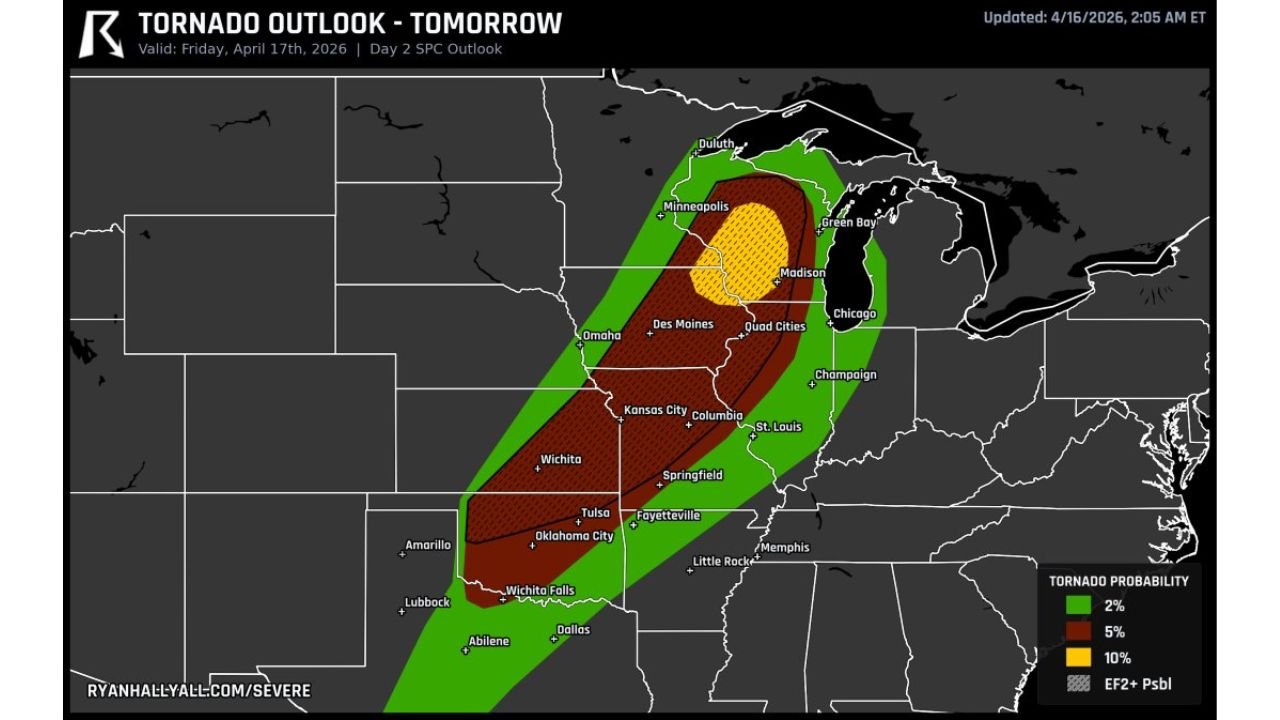 More Tornadoes Expected Friday as a 10 Percent Probability Zone With EF2 Potential Targets Minneapolis, Madison, and Chicago