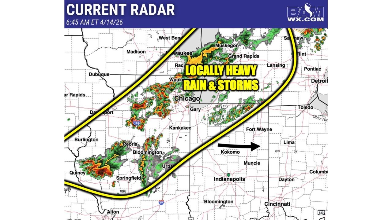 Morning Storms Already Building Across Northern Illinois and Northern Indiana — Locally Heavy Rain, Large Hail Risk, and Lightning Pushing Eastward Toward Chicago, Gary, Fort Wayne, and Beyond