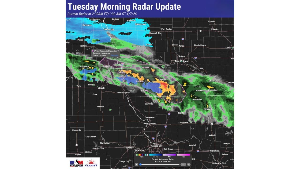Nebraska, Iowa and Missouri Face Early Morning Snow Transition as Omaha and Des Moines Corridor Sees Mixed Precipitation Tuesday
