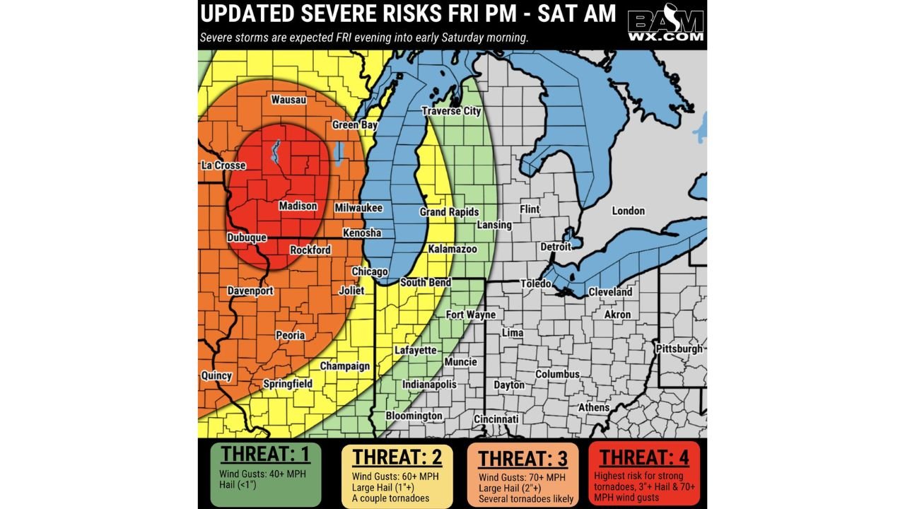 Northeast Iowa and Southern Wisconsin Upgraded to Highest Threat as 3 Inch Hail, 70 MPH Winds and Strong Tornadoes Target La Crosse, Madison and Dubuque Friday Evening