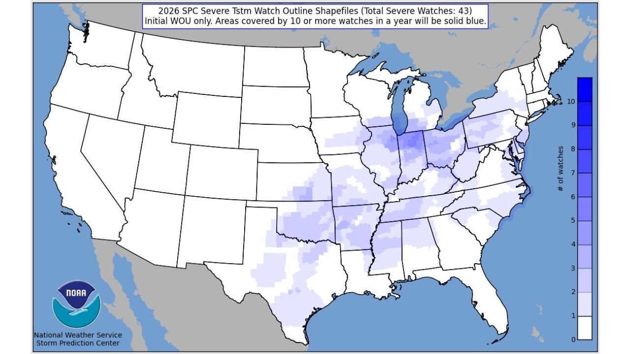 Northern Indiana Has Been Under More Severe Thunderstorm Watches Than Anywhere Else in the United States in 2026 as the Storm Prediction Center Tracks 43 Total Watches Across the Country
