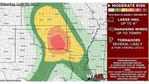 Oklahoma and Arkansas Face Level 4 Moderate Risk of Severe Storms With EF2 Tornadoes and 4-Inch Hail Possible This Saturday April 25