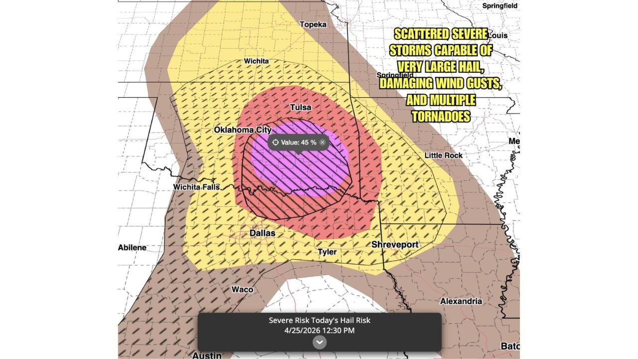 Oklahoma and Texas Face 45 Percent Probability of Significant 3-Inch-Plus Hail With Multiple Tornadoes and 60 MPH Winds This Saturday Evening April 25