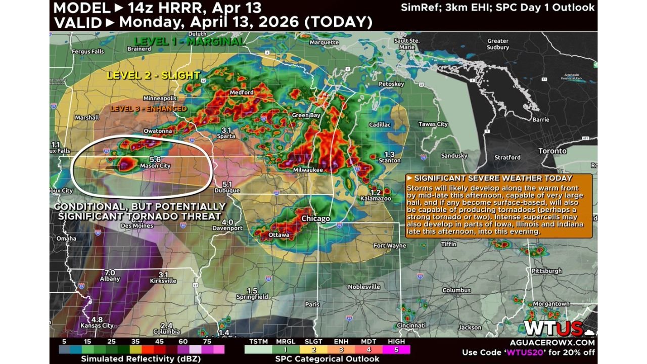 Potentially Dangerous Night Ahead: Very Large Hail and Strong Tornadoes Threaten the Upper Midwest Today as Supercells Target Iowa, Illinois, and the Warm Front Corridor — and the Worst May Come After Dark