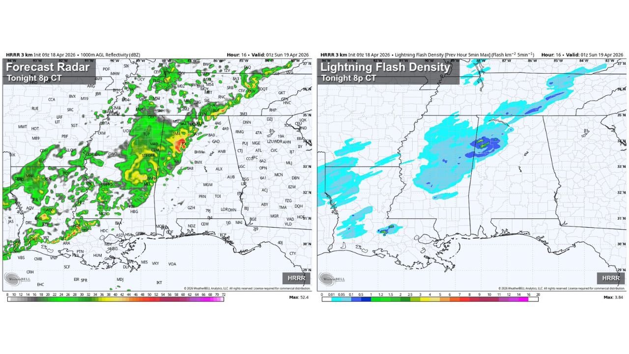 Rain and Lightning to Drench Tuscaloosa and Birmingham Tonight With Showers Spreading After 7 PM