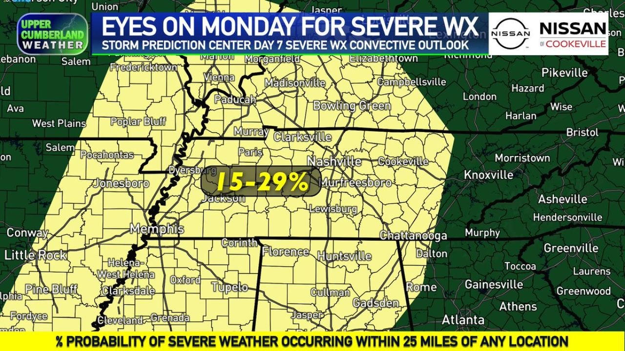 Rare Day 7 Severe Weather Outlook Covers Nashville to Memphis and Upper Cumberland Region for Monday April 27