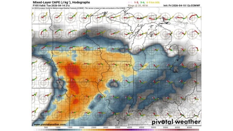 SPC Day 4 Outlook Highlights 15% Severe Risk Tuesday April 14 From Texas Through Midwest As ECMWF Shows Explosive CAPE And Large To Very Large Hail Expected As Primary Threat With Tornado Potential Still Uncertain