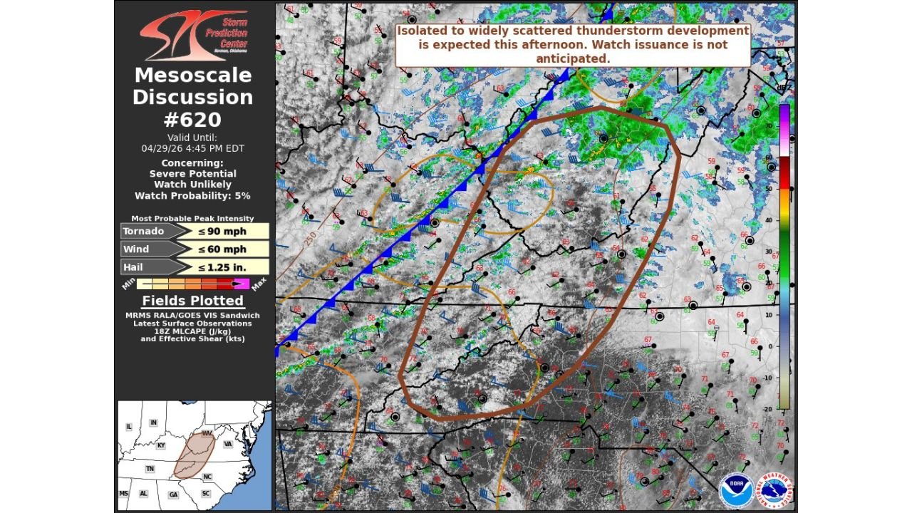 SPC Issues Mesoscale Discussion for West Virginia, Virginia, North Carolina, Tennessee and Kentucky With Isolated Thunderstorms Expected This Afternoon