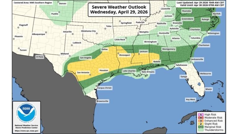 Severe Threat Upgraded Wednesday as Two Slight Risks Added Across South Central US and East Coast for Hail and Damaging Winds
